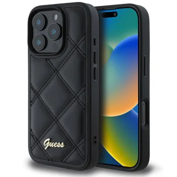 Калъф за iPhone 16 Pro - Guess Quilted Metal Logo (GUHCP16LPSQSQQSK) - черен