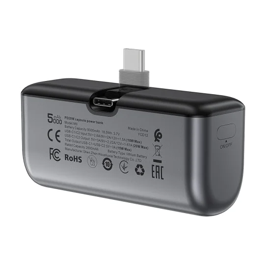 Външна батерия – Acefast (M9-5000) – 2x Type-C, PD20W, 5000mAh, LED индикатор, сгъваем щепсел, с Type-C кабел 0.3m – Черен