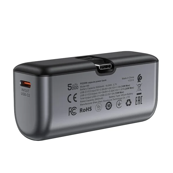 Външна батерия – Acefast (M9-5000) – 2x Type-C, PD20W, 5000mAh, LED индикатор, сгъваем щепсел, с Type-C кабел 0.3m – Черен