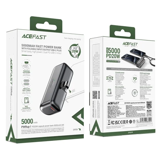 Външна батерия – Acefast (M9-5000) – 2x Type-C, PD20W, 5000mAh, LED индикатор, сгъваем щепсел, с Type-C кабел 0.3m – Черен