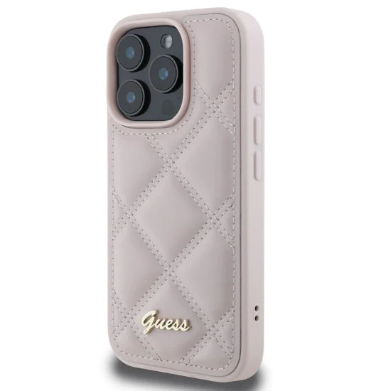Калъф за iPhone 16 Pro - Guess Quilted Metal Logo (GUHCP16LPSQQSQSP) - Розов