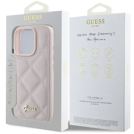 Калъф за iPhone 16 Pro - Guess Quilted Metal Logo (GUHCP16LPSQQSQSP) - Розов
