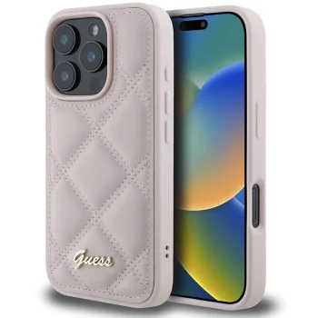Калъф за iPhone 16 Pro - Guess Quilted Metal Logo (GUHCP16LPSQQSQSP) - Розов
