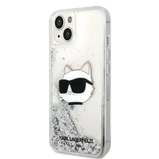 Калъф за iPhone 14 Plus - Karl Lagerfeld Hardcase Glitter (KLHCP14MLNCHCS) - Silver Choupette Head