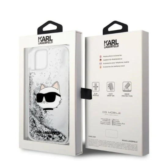 Калъф за iPhone 14 Plus - Karl Lagerfeld Hardcase Glitter (KLHCP14MLNCHCS) - Silver Choupette Head