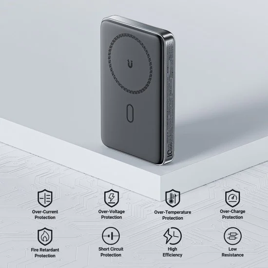 Външна батерия – Acefast (M6-10000) – магнитна, със стойка, Type-C, 10000mAh, 38.5Wh, 20W, LED светлина, компактна – Черен