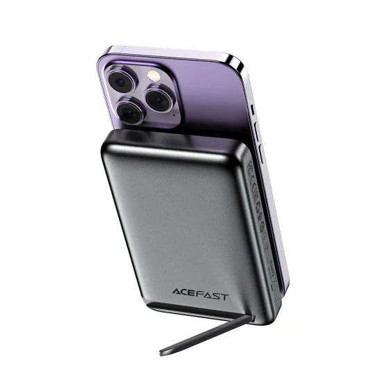 Външна батерия – Acefast (M6-10000) – магнитна, със стойка, Type-C, 10000mAh, 38.5Wh, 20W, LED светлина, компактна – Черен