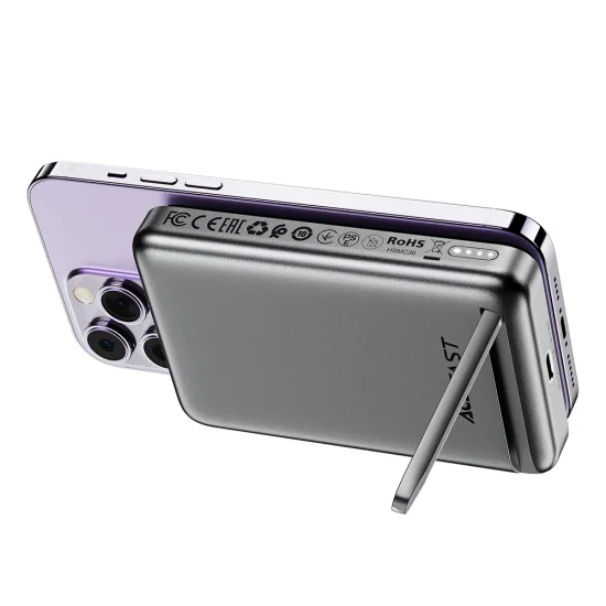 Външна батерия – Acefast (M6-10000) – магнитна, със стойка, Type-C, 10000mAh, 38.5Wh, 20W, LED светлина, компактна – Черен