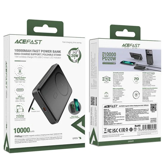 Външна батерия – Acefast (M6-10000) – магнитна, със стойка, Type-C, 10000mAh, 38.5Wh, 20W, LED светлина, компактна – Черен