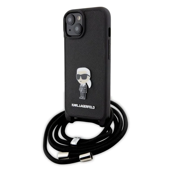 Калъф за iPhone 15 - Karl Lagerfeld Saffiano Crossbody (KLHCP15SSASKKNPSK) - монограм метална игла Karl