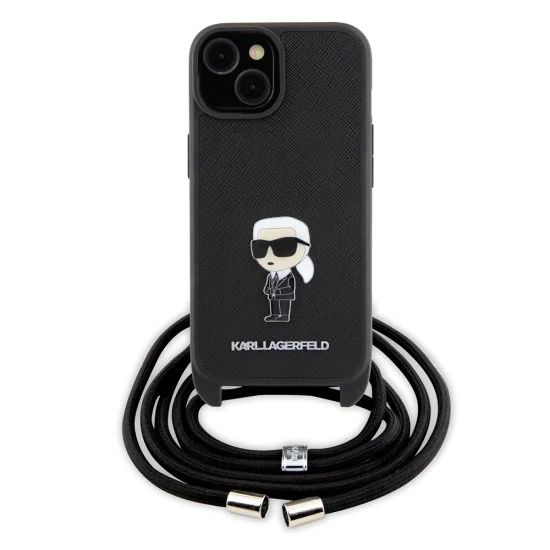 Калъф за iPhone 15 - Karl Lagerfeld Saffiano Crossbody (KLHCP15SSASKKNPSK) - монограм метална игла Karl