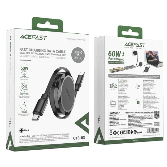 Кабел за данни C13-03 – Acefast, Type-C към Type-C, 60 W, кабел за данни за зареждане с двойно прибиране, бързо зареждане, 0,8 м – черен