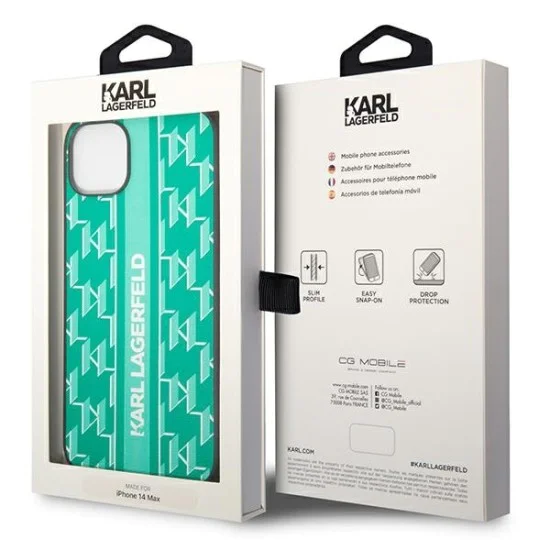 Калъф за IPhone 14 Plus - Karl Lagerfeld Hardcase Monogram (KLHCHCP14MPGKKLSKN) - Зелена лента