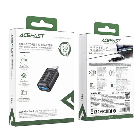 Адаптер J1 – Acefast, Type-C към USB 3.0, 5Gbps, бързо зареждане, предаване на данни – черен