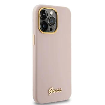 Калъф за iPhone 15 Pro Max - Guess Silicone Script Metal Metal Logo & Frame (GUHCP15XSMSMBSLP) - светло розов