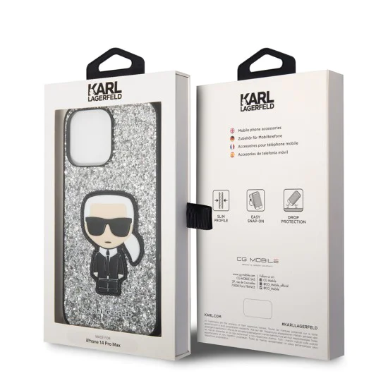 Калъф за iPhone 14 Pro Max - Karl Lagerfeld Hardcase Glitter (KLHCP14XGFKPG) - Silver Flakes Ikonik