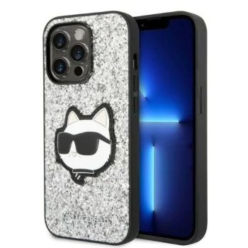 Калъф за iPhone 14 Pro Max - Karl Lagerfeld Hardcase Glitter (KLHCP14XG2CPS) - Silver Choupette Patch