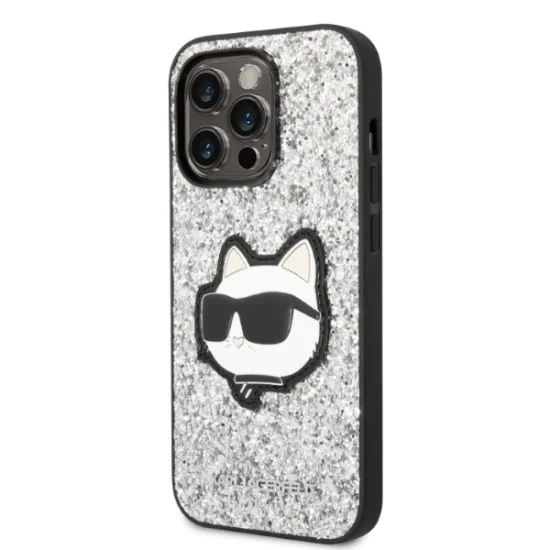 Калъф за iPhone 14 Pro Max - Karl Lagerfeld Hardcase Glitter (KLHCP14XG2CPS) - Silver Choupette Patch