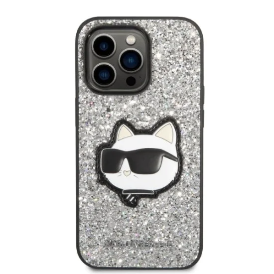 Калъф за iPhone 14 Pro Max - Karl Lagerfeld Hardcase Glitter (KLHCP14XG2CPS) - Silver Choupette Patch
