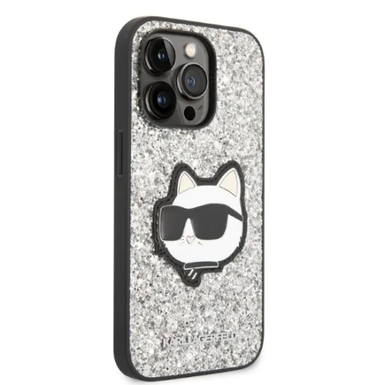 Калъф за iPhone 14 Pro Max - Karl Lagerfeld Hardcase Glitter (KLHCP14XG2CPS) - Silver Choupette Patch