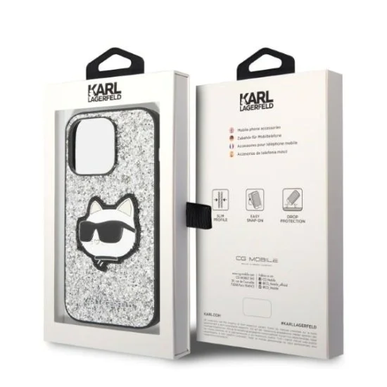 Калъф за iPhone 14 Pro Max - Karl Lagerfeld Hardcase Glitter (KLHCP14XG2CPS) - Silver Choupette Patch