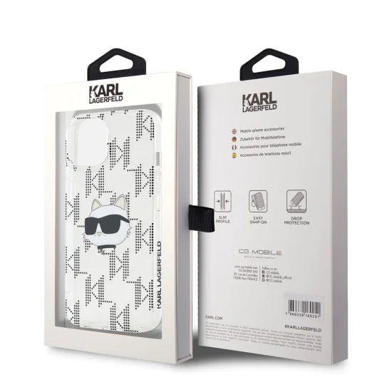 Калъф за iPhone 15 - Karl Lagerfeld IML Luxury (KLHCCHCP15SHKLLPCHT) - Transparent Choupette Head&Monogram
