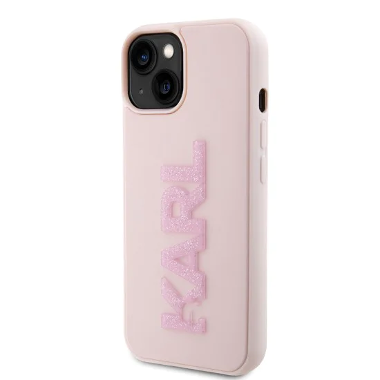 Калъф за iPhone 15 - Karl Lagerfeld 3D Design (KLHCP15S3DMBKCP) - Розово гумено блестящо лого