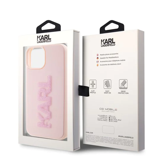 Калъф за iPhone 15 - Karl Lagerfeld 3D Design (KLHCP15S3DMBKCP) - Розово гумено блестящо лого