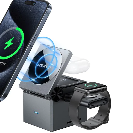 Зарядна станция E18 – Acefast Rubiks Cube 3-in-1, за телефон, TWS слушалки и Apple Watch, 23W, сгъваема – метално сиво