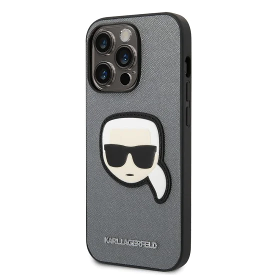 Калъф за iPhone 14 Pro Max - Karl Lagerfeld Saffiano (KLHCP14XSAPKKHG) - Silver Karl`s Head