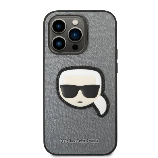 Калъф за iPhone 14 Pro Max - Karl Lagerfeld Saffiano (KLHCP14XSAPKKHG) - Silver Karl`s Head