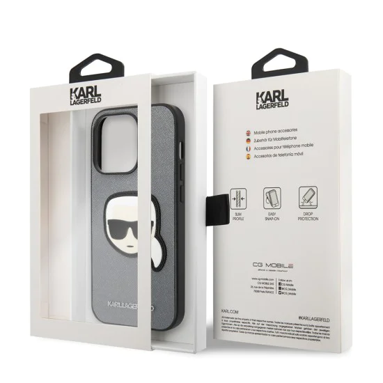 Калъф за iPhone 14 Pro Max - Karl Lagerfeld Saffiano (KLHCP14XSAPKKHG) - Silver Karl`s Head