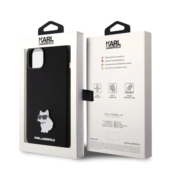 Калъф за iPhone 15 Plus - Karl Lagerfeld Silicone (KLHCP15MSMHCHCNPK) - Choupette Metal Pin