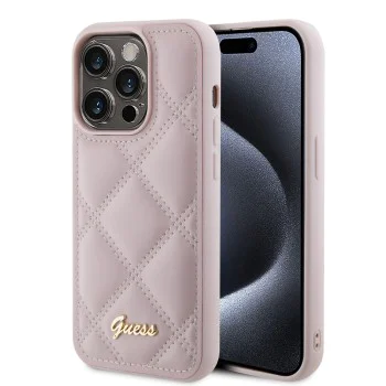 Калъф за iPhone 15 Pro - Guess Quilted Metal Logo (GUHCP15LPSQQSQSP) - Розов