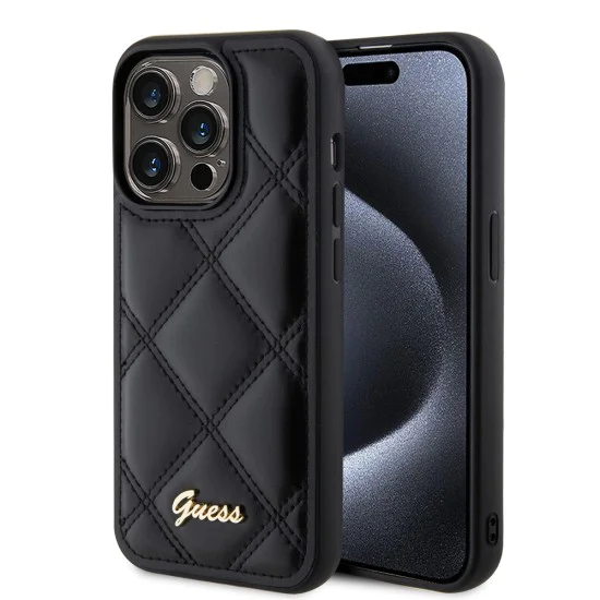 Калъф за iPhone 15 Pro Max - Guess Quilted Metal Logo (GUHCP15XPSQSQQSK) - Черен