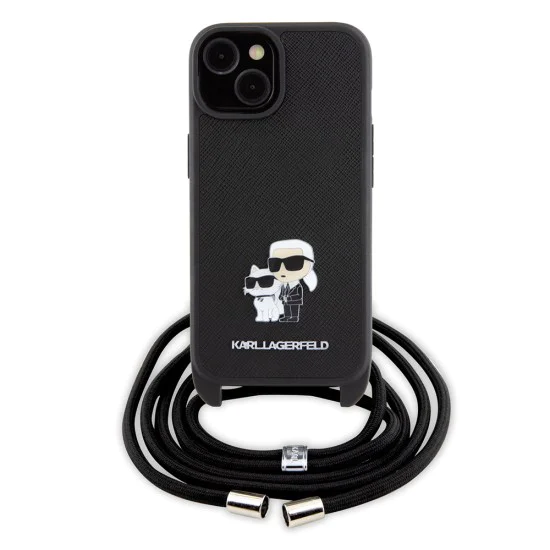 Калъф за iPhone 15 Plus - Karl Lagerfeld Saffiano Crossbody (KLHCP15MSAKAKCPSK) - Metal Pin Karl&Choupette