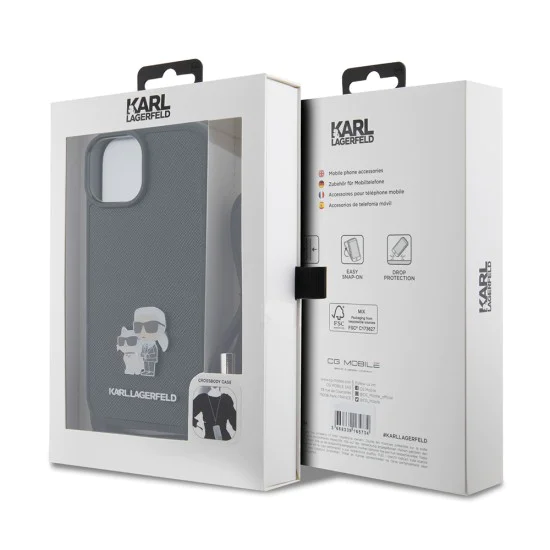 Калъф за iPhone 15 Plus - Karl Lagerfeld Saffiano Crossbody (KLHCP15MSAKAKCPSK) - Metal Pin Karl&Choupette