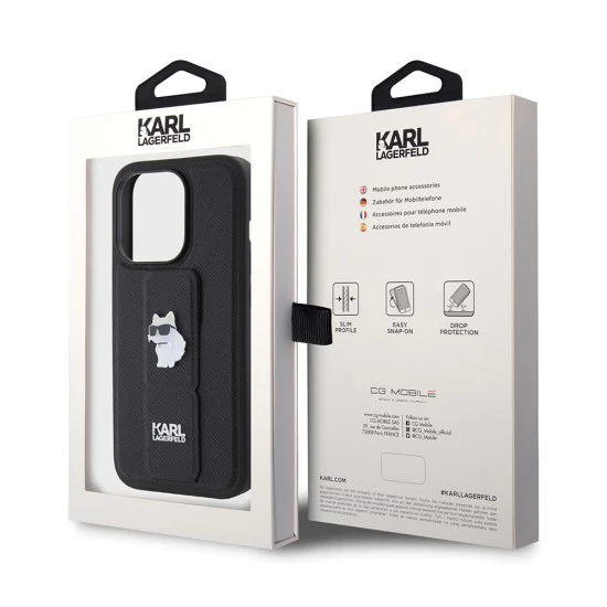 Калъф за iPhone 15 Pro - Karl Lagerfeld Saffiano Gripstand (KLHCP15LGSACHPK) - Choupette Pins