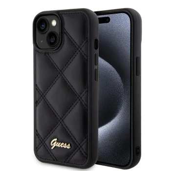 Калъф за iPhone 15 - Guess Quilted Metal Logo (GUHCP15SPSQQSQQSK) - черен