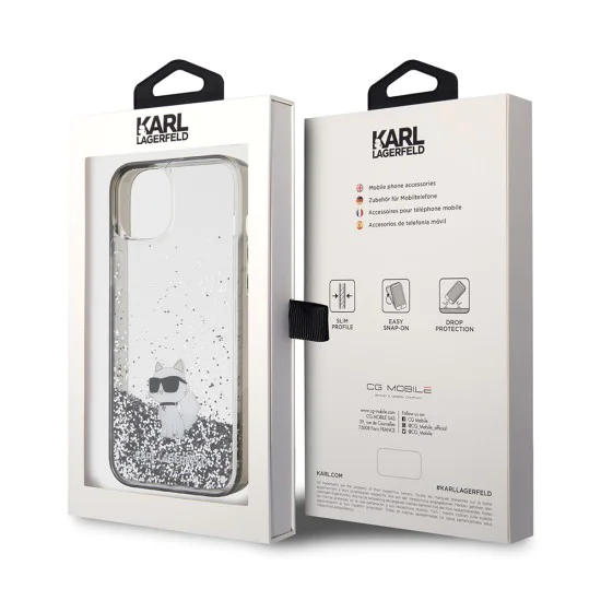Калъф за iPhone 15 Plus - Karl Lagerfeld Hardcase Liquid Glitter (KLHCP15MLKKCNSK) - Transparent Choupette