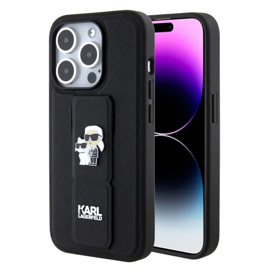 Калъф за iPhone 15 Pro - Karl Lagerfeld Saffiano Gripstand (KLHCP15LGSAKCPK) - Karl&Choupette Pins