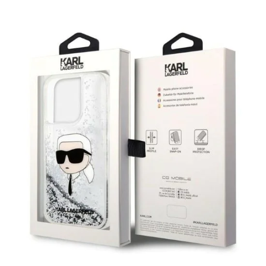 Калъф за iPhone 14 Pro Max - Karl Lagerfeld Hardcase Glitter (KLHCP14XLNKHCH) - Silver Karl Head