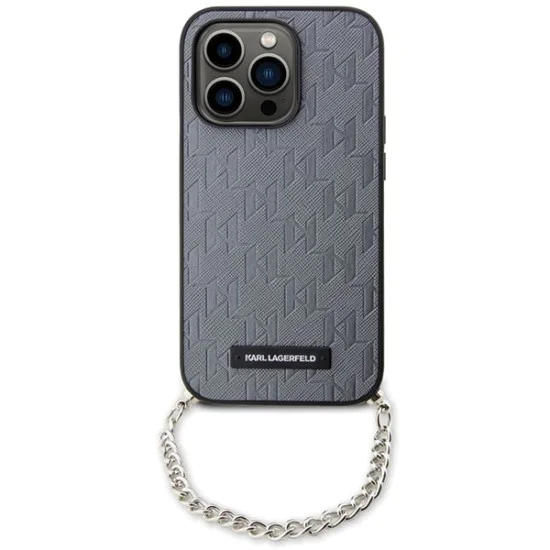 Калъф за iPhone 14 Pro Max - Karl Lagerfeld Saffiano Monogram Chain (KLHCP14XSACKLHPG) - сребрист