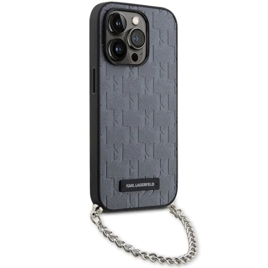 Калъф за iPhone 14 Pro Max - Karl Lagerfeld Saffiano Monogram Chain (KLHCP14XSACKLHPG) - сребрист