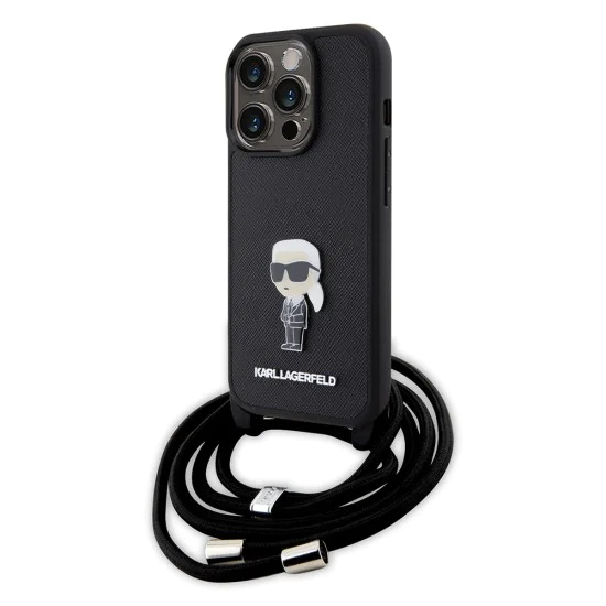 Калъф за iPhone 15 Pro - Karl Lagerfeld Saffiano Crossbody (KLHCP15LSASKKNPSK) - монограм метален щифт Karl