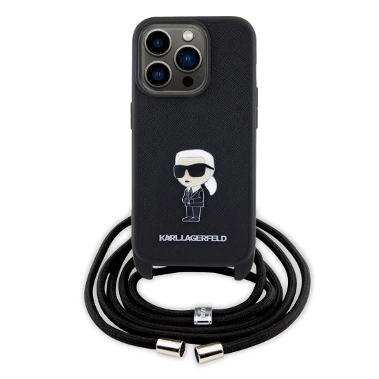 Калъф за iPhone 15 Pro - Karl Lagerfeld Saffiano Crossbody (KLHCP15LSASKKNPSK) - монограм метален щифт Karl