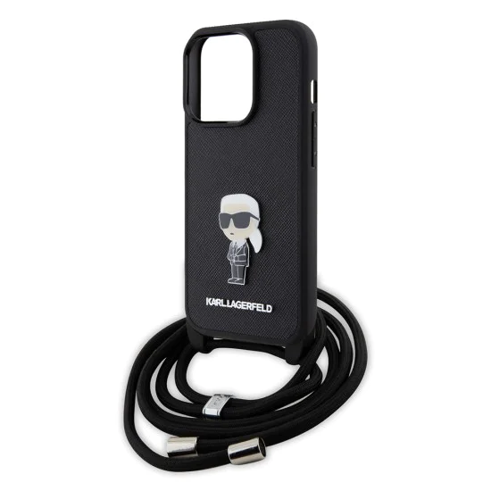 Калъф за iPhone 15 Pro - Karl Lagerfeld Saffiano Crossbody (KLHCP15LSASKKNPSK) - монограм метален щифт Karl