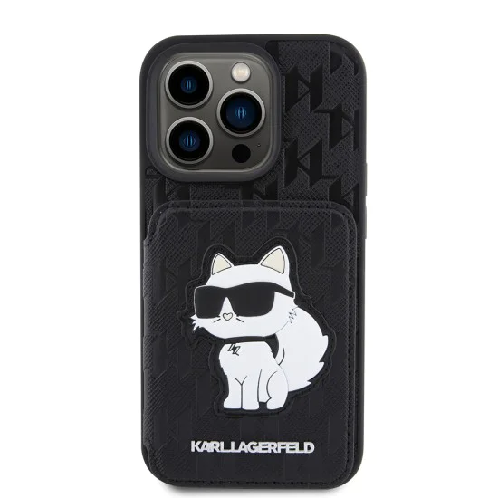 Калъф за iPhone 15 Pro - Karl Lagerfeld Saffiano Cardslots and Stand (KLHCP15LSAKCNSCK) - Monogram Choupette