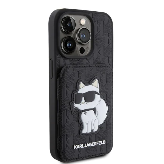 Калъф за iPhone 15 Pro - Karl Lagerfeld Saffiano Cardslots and Stand (KLHCP15LSAKCNSCK) - Monogram Choupette