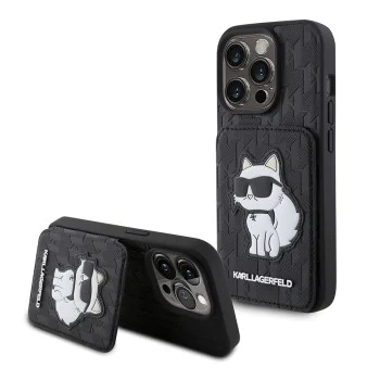 Калъф за iPhone 15 Pro - Karl Lagerfeld Saffiano Cardslots and Stand (KLHCP15LSAKCNSCK) - Monogram Choupette